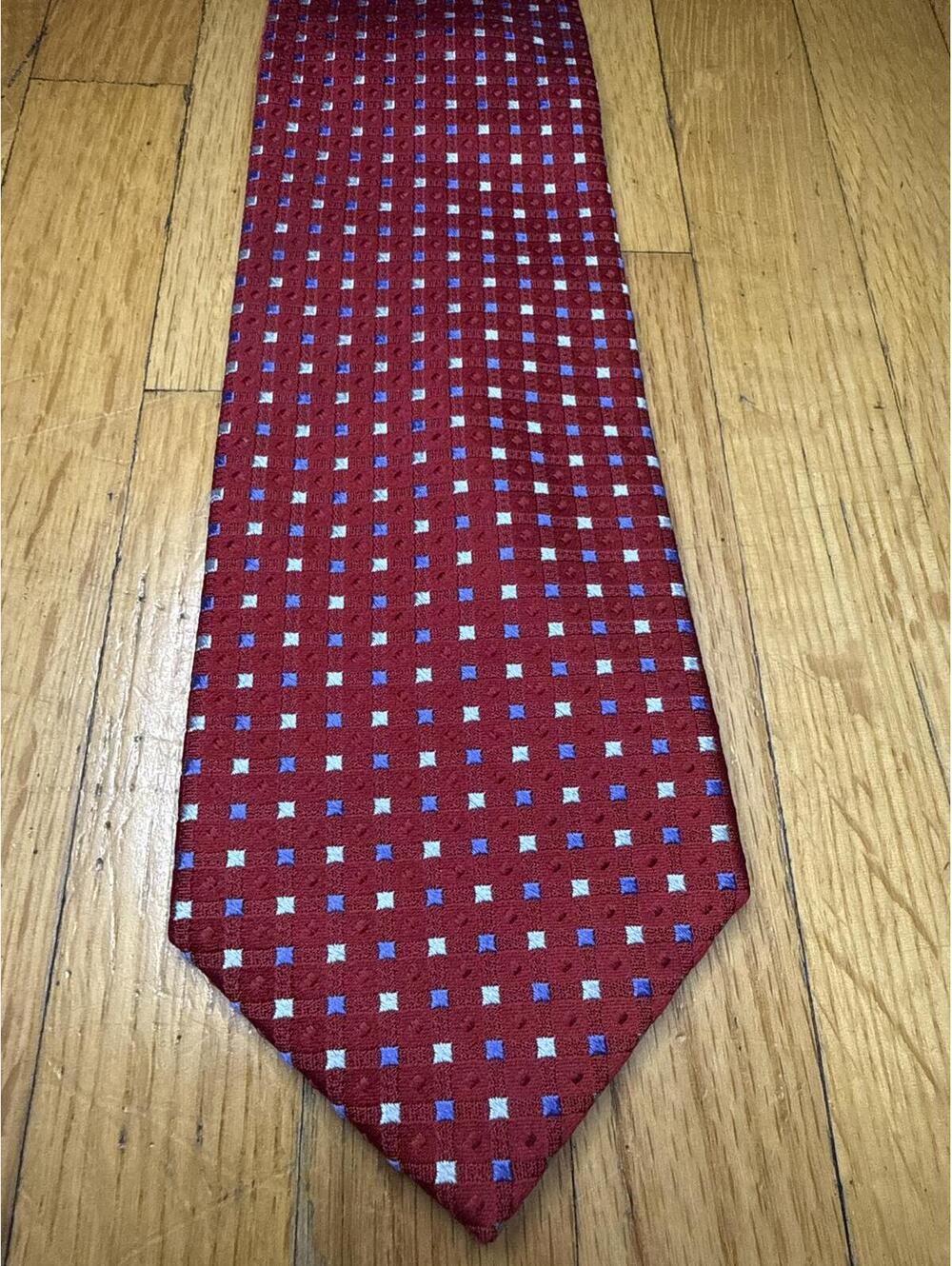 Jos A Bank Made In Italy 100% Silk Tie Red Blue Small Check Geometric Handmade